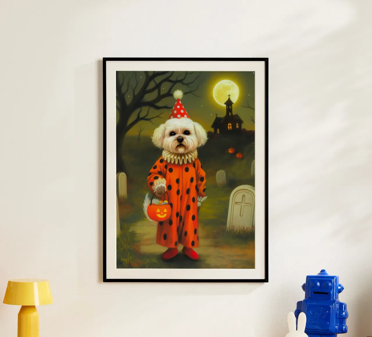 Cane clown di Halloween: dolcetto o scherzetto in un cimitero poster da Fleur de Lys