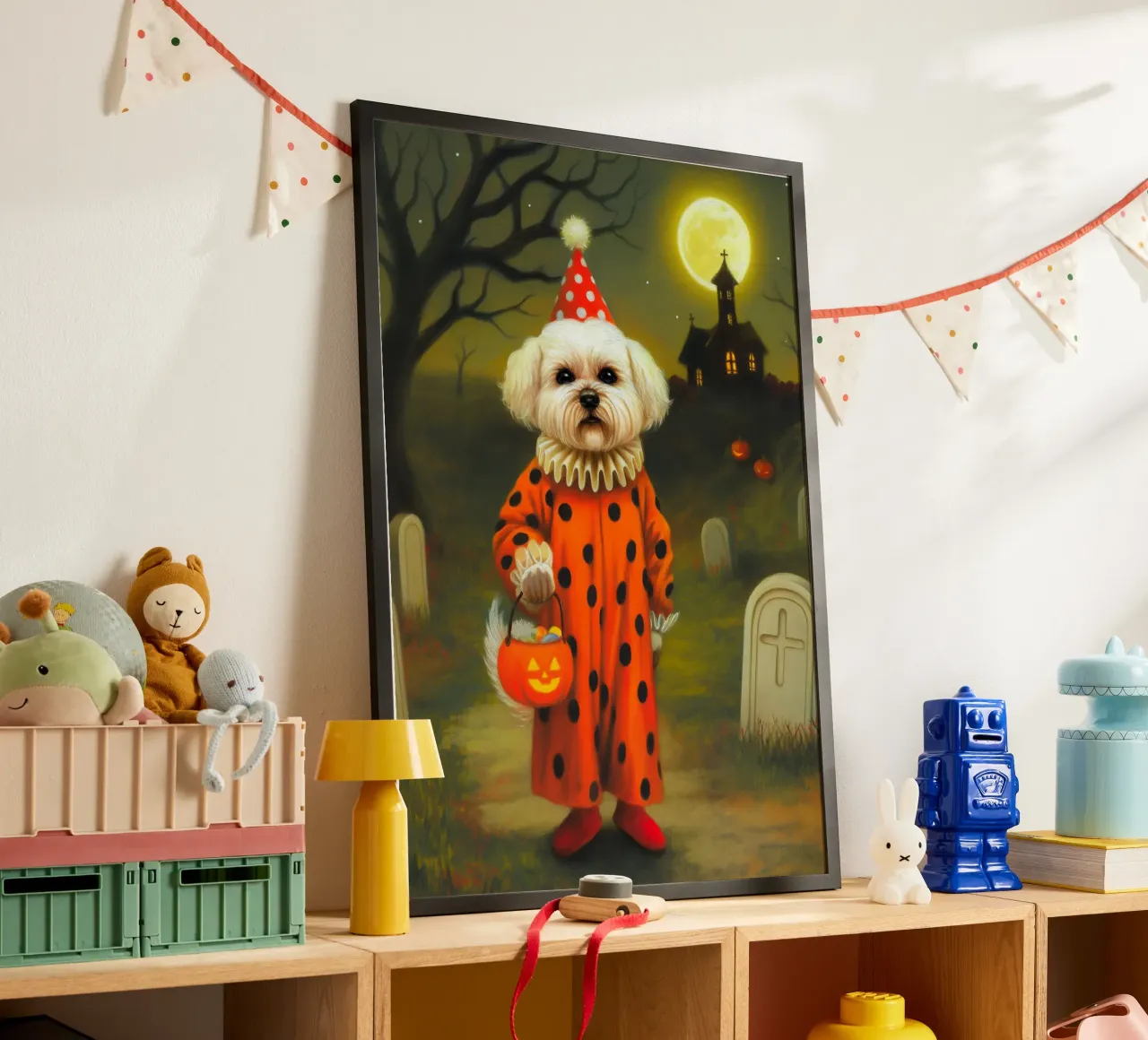 Cane clown di Halloween: dolcetto o scherzetto in un cimitero poster da Fleur de Lys