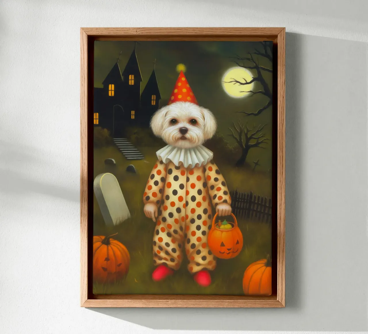 Cane clown di Halloween: dolcetto o scherzetto in un cimitero tela con Cornice a cassetta da Fleur de Lys