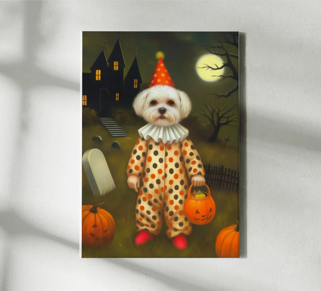 Cane clown di Halloween: dolcetto o scherzetto in un cimitero tela con Cornice a cassetta da Fleur de Lys