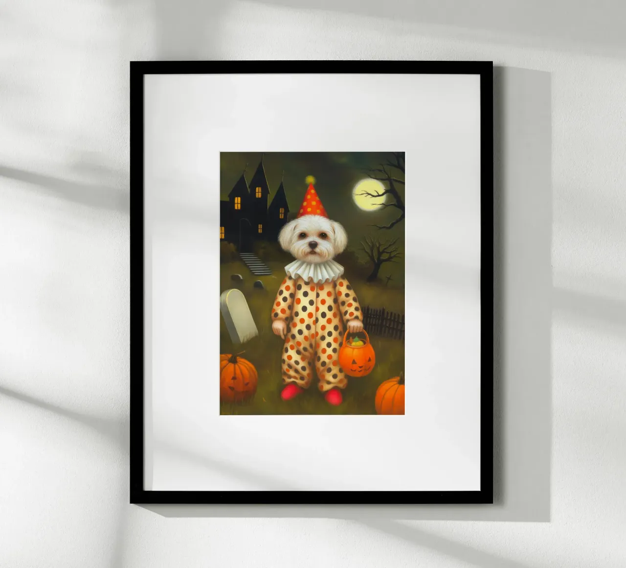 Cane clown di Halloween: dolcetto o scherzetto in un cimitero poster da Fleur de Lys