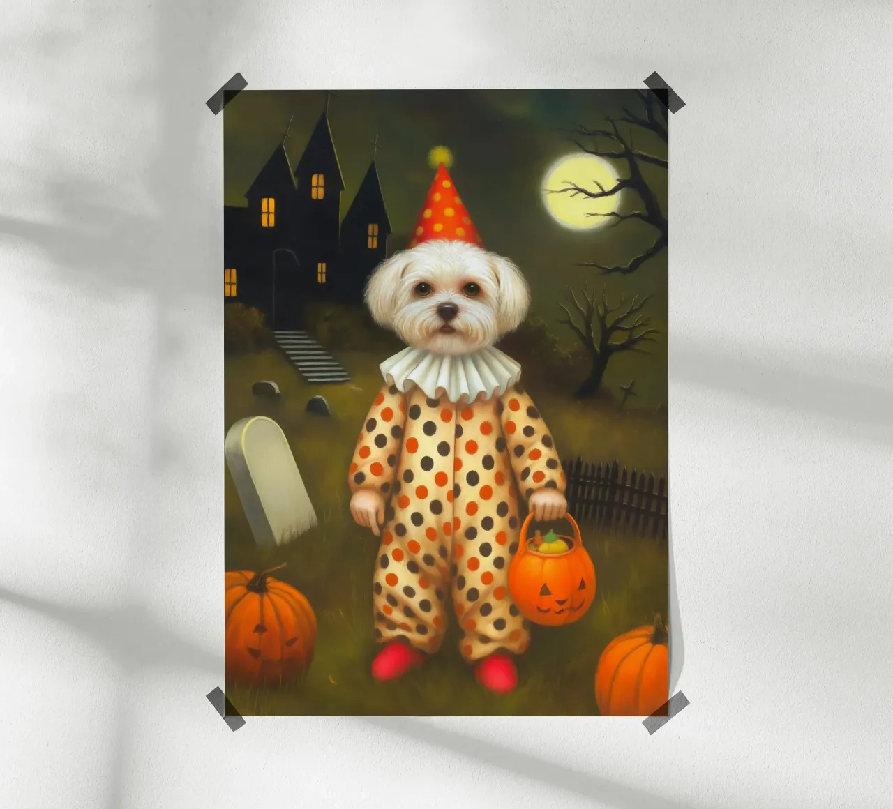 Cane clown di Halloween: dolcetto o scherzetto in un cimitero poster da Fleur de Lys
