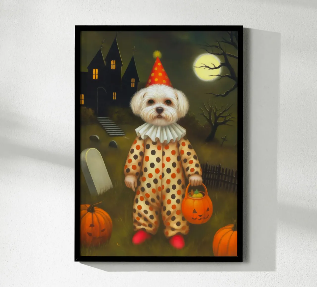 Cane clown di Halloween: dolcetto o scherzetto in un cimitero poster da Fleur de Lys