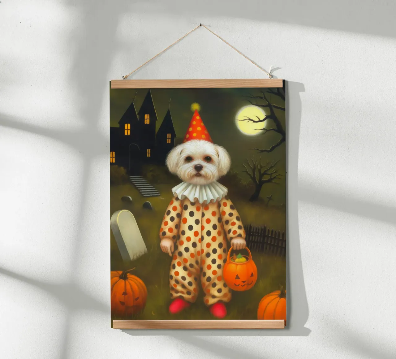 Cane clown di Halloween: dolcetto o scherzetto in un cimitero poster da Fleur de Lys