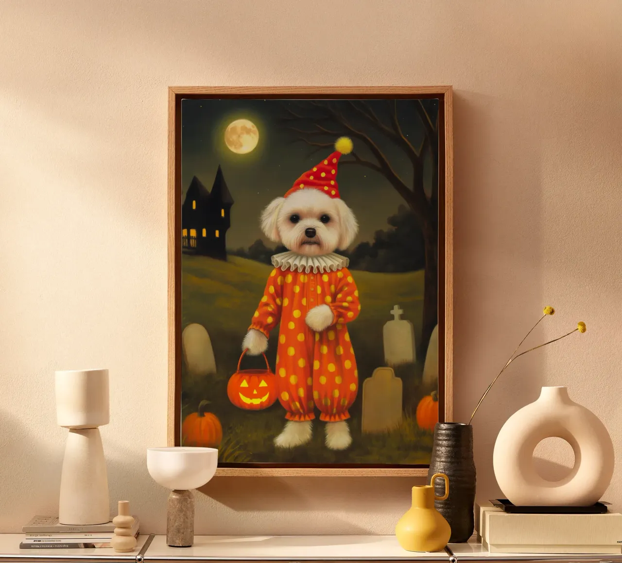 Cane clown di Halloween: dolcetto o scherzetto in un cimitero tela con Cornice a cassetta da Fleur de Lys