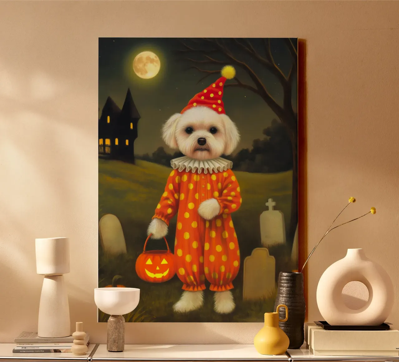 Cane clown di Halloween: dolcetto o scherzetto in un cimitero tela con Cornice a cassetta da Fleur de Lys