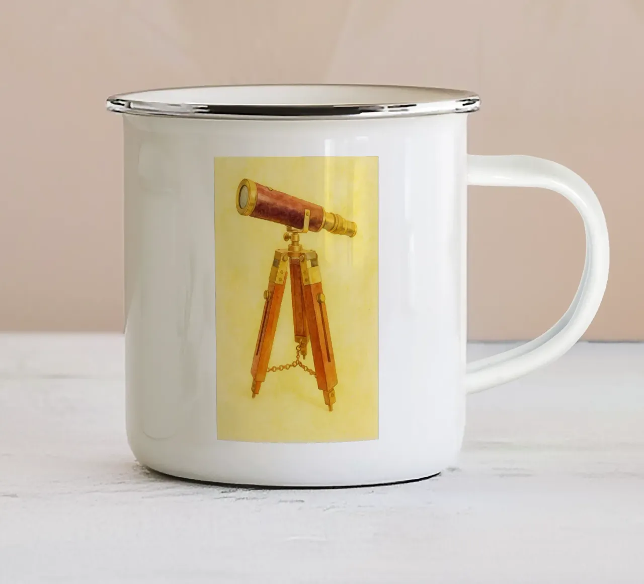telescopio vecchio dipinto d'epoca tazza in smalto da kroocoot