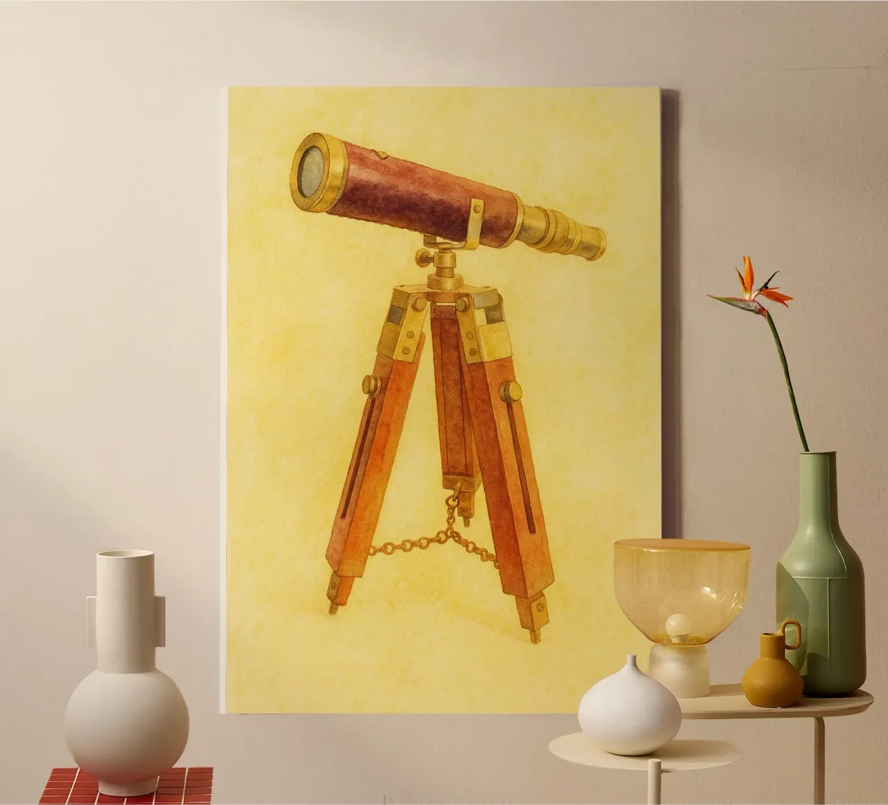 telescopio vecchio dipinto d'epoca tela con Cornice a cassetta da kroocoot