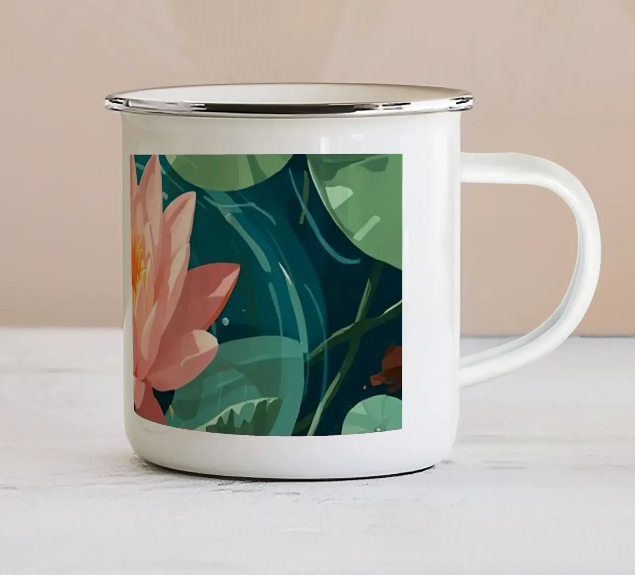 Lelie Pads Lotusbloemknoppen en Vissen in Vijver emaille mok van DesignDoodle