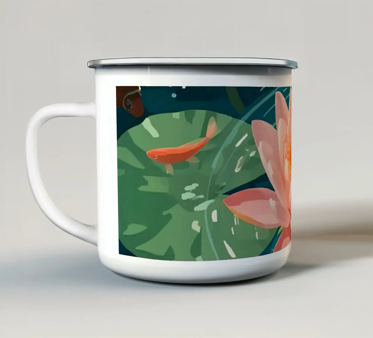 Lelie Pads Lotusbloemknoppen en Vissen in Vijver emaille mok van DesignDoodle
