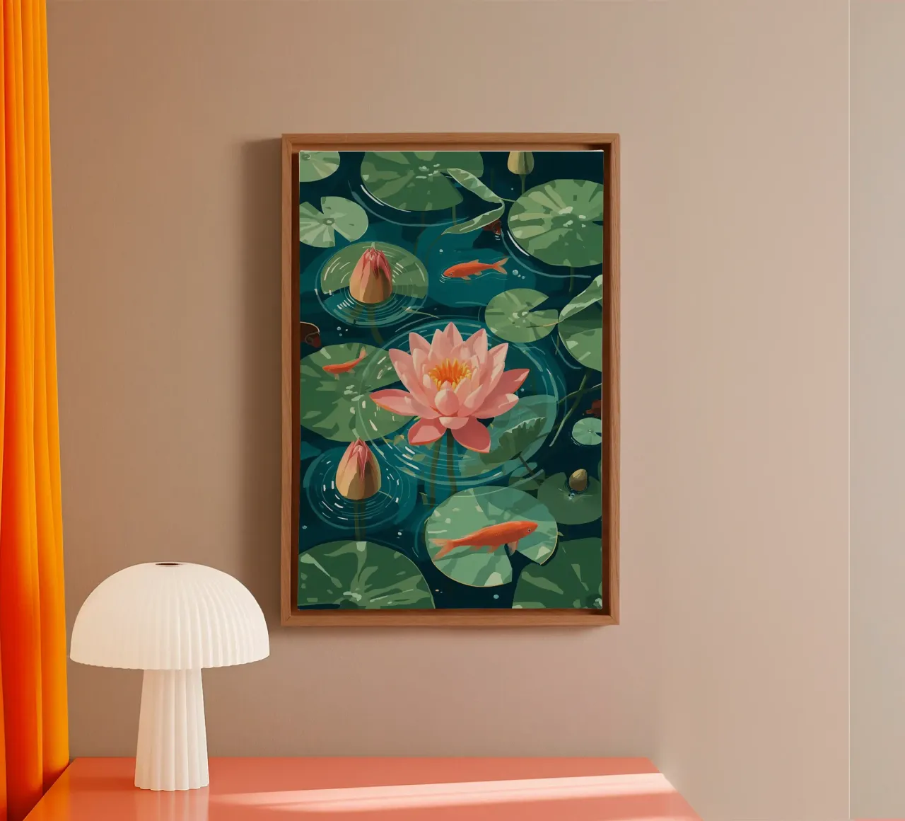 Lelie Pads Lotusbloemknoppen en Vissen in Vijver canvas met Baklijst van DesignDoodle
