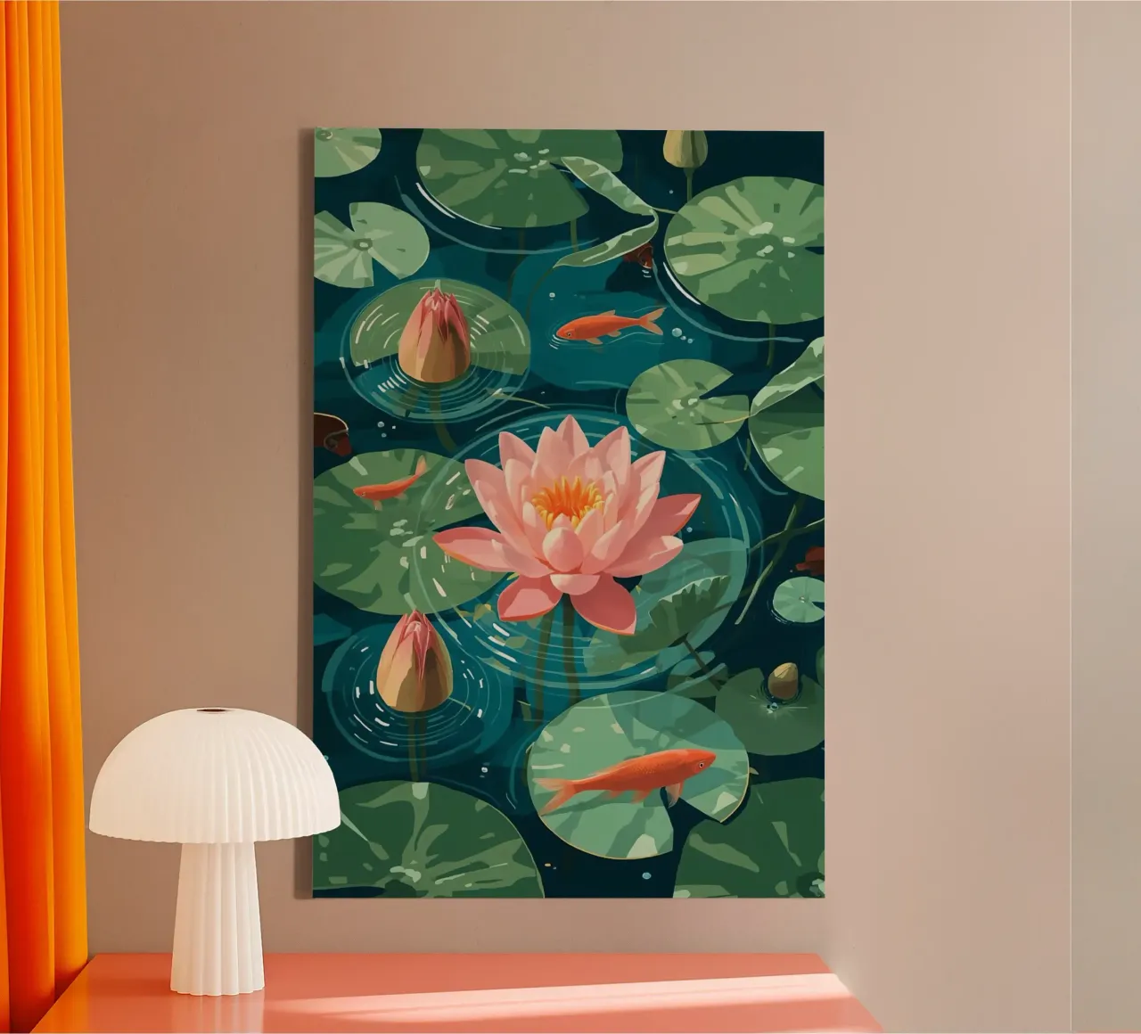 Lelie Pads Lotusbloemknoppen en Vissen in Vijver canvas met Baklijst van DesignDoodle