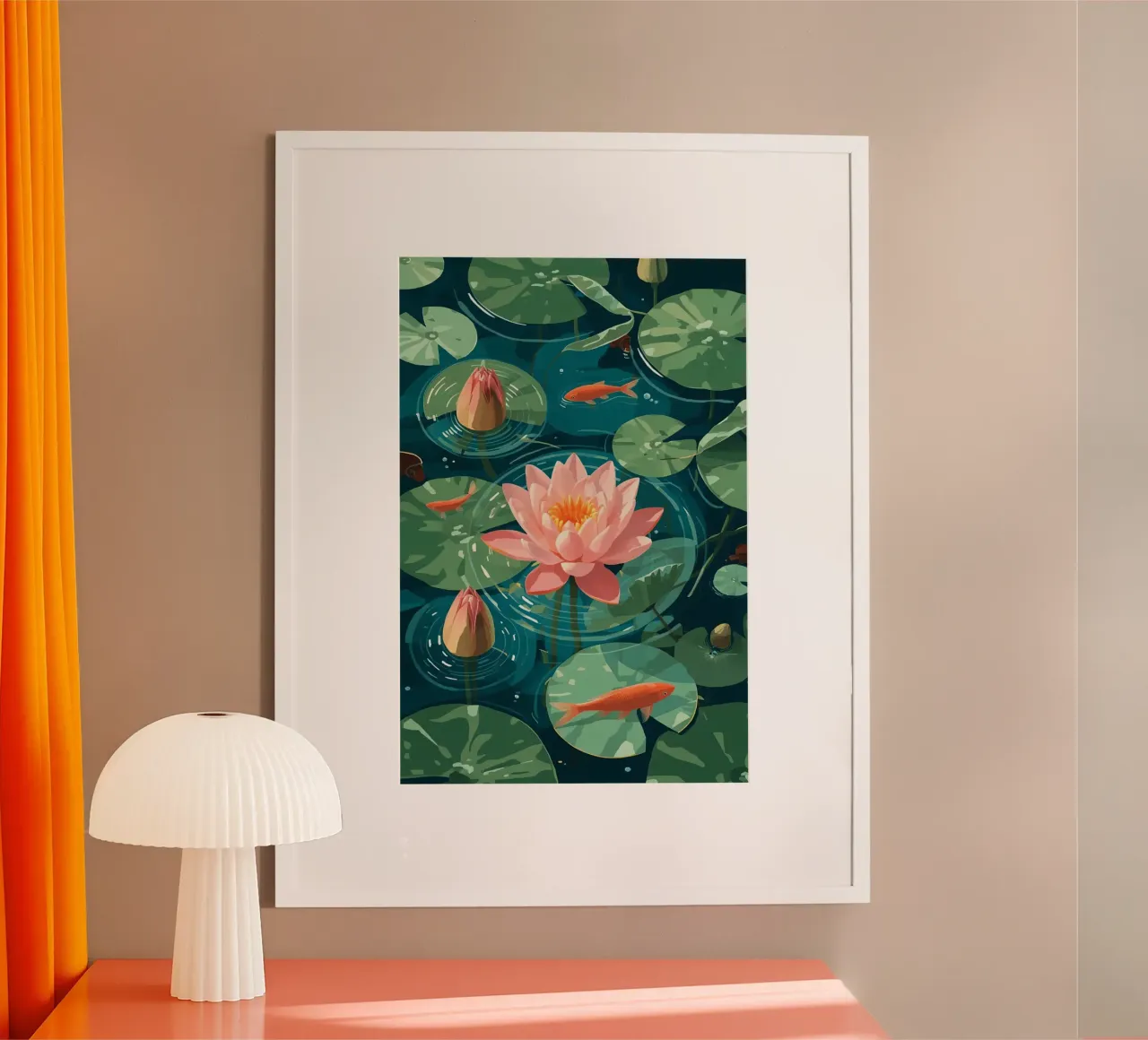 Lelie Pads Lotusbloemknoppen en Vissen in Vijver poster van DesignDoodle
