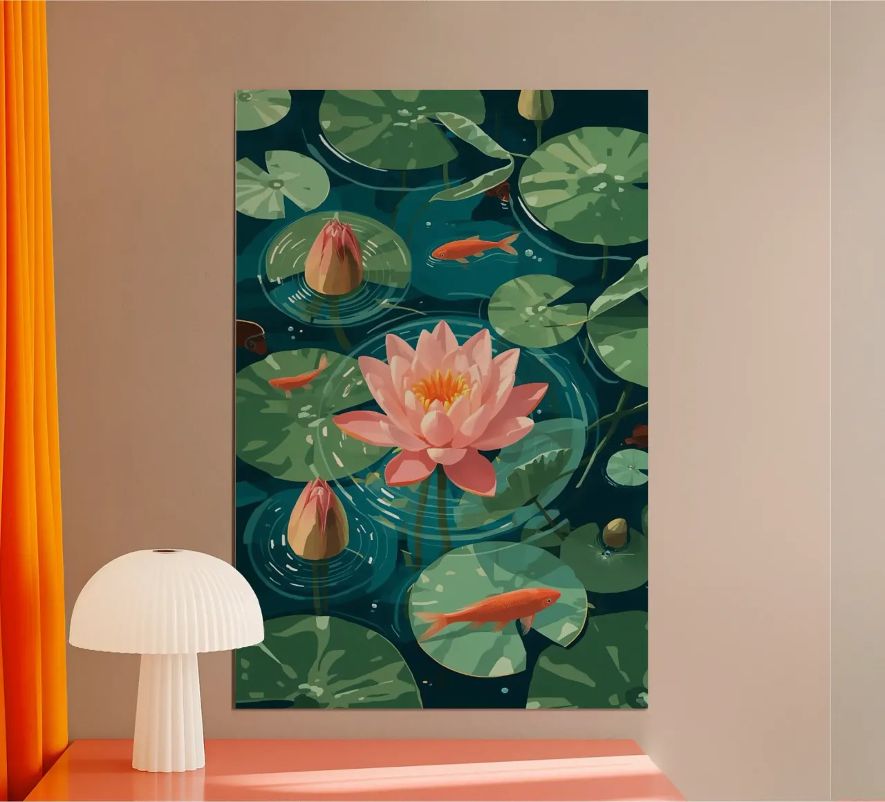 Lelie Pads Lotusbloemknoppen en Vissen in Vijver poster van DesignDoodle