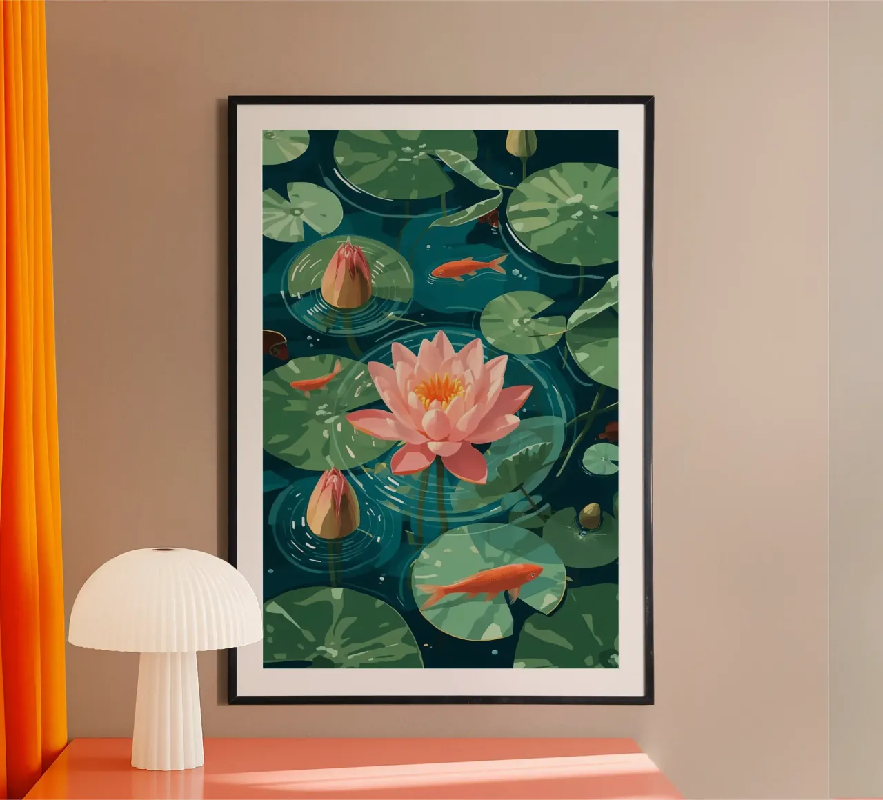 Lelie Pads Lotusbloemknoppen en Vissen in Vijver poster van DesignDoodle
