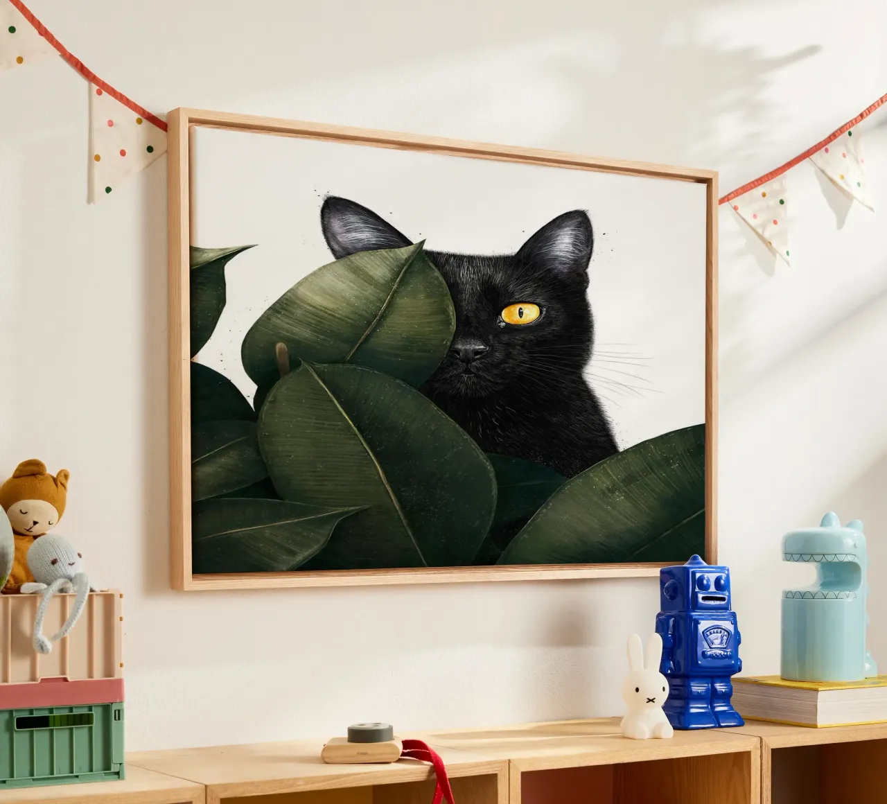 Black Cat in Hiding canvas with Floater frame by David Jackson
