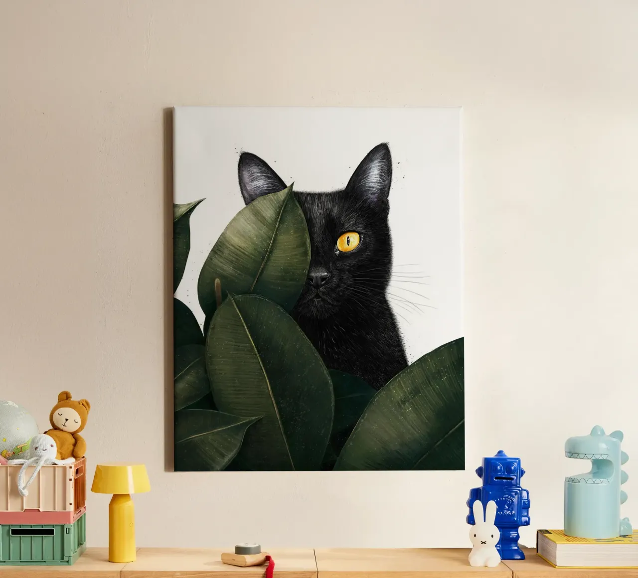 Black Cat in Hiding canvas with Floater frame by David Jackson