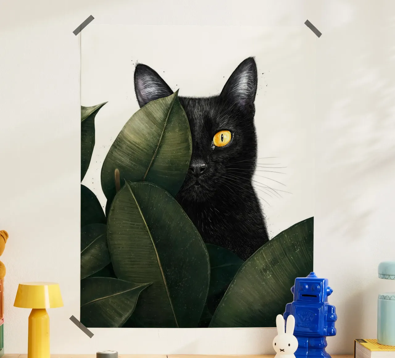 Gatto nero in agguato poster con telaio in plastica da David Jackson