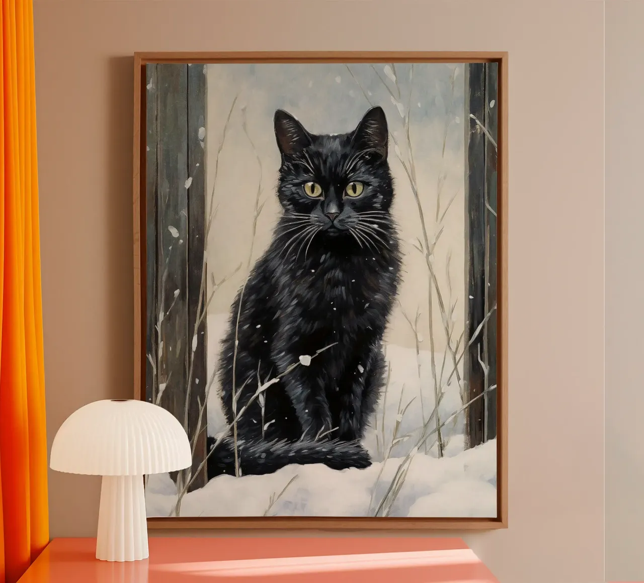 Black Cat in Snow canvas with Floater frame by David Jackson