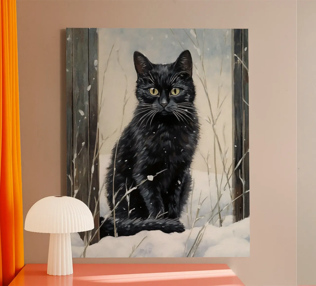 Black Cat in Snow canvas with Floater frame by David Jackson