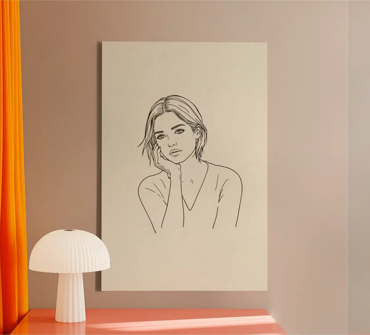 Line Art Zeichnung einer Frau, die ihr Kinn auf die Hand stützt Leinwand mit Schattenfugenrahmen von DesignDoodle
