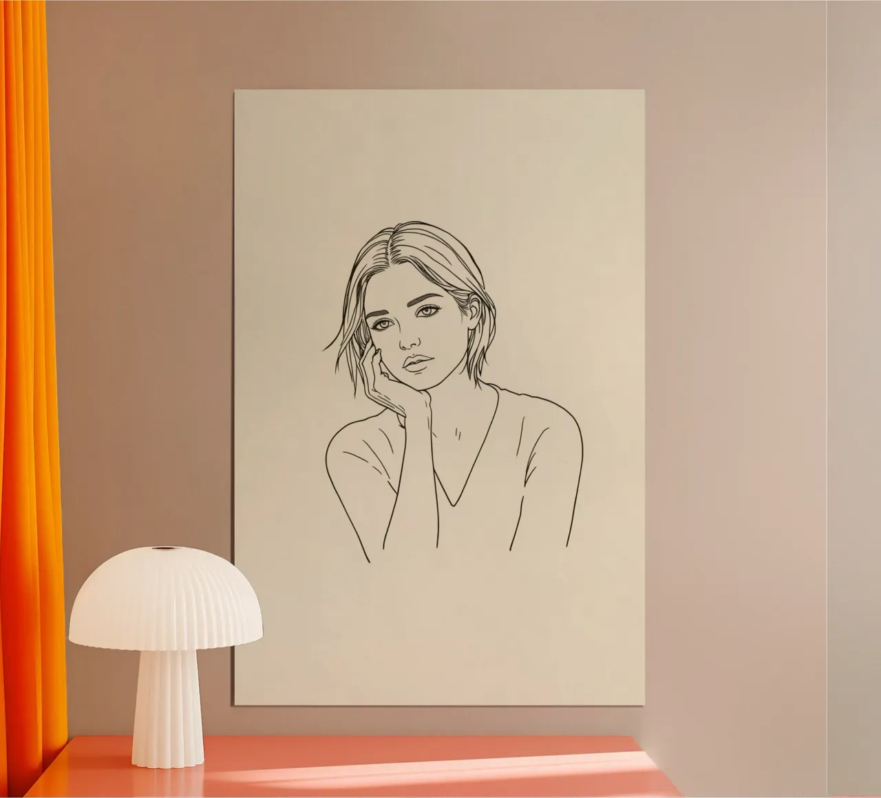 Line Art Zeichnung einer Frau, die ihr Kinn auf die Hand stützt Poster von DesignDoodle