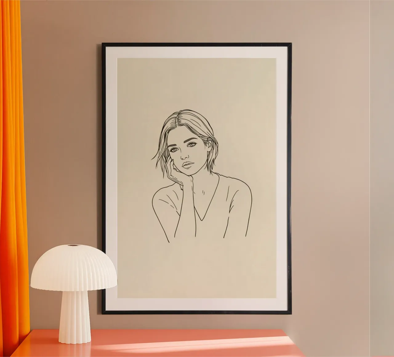 Line Art Zeichnung einer Frau, die ihr Kinn auf die Hand stützt Poster von DesignDoodle