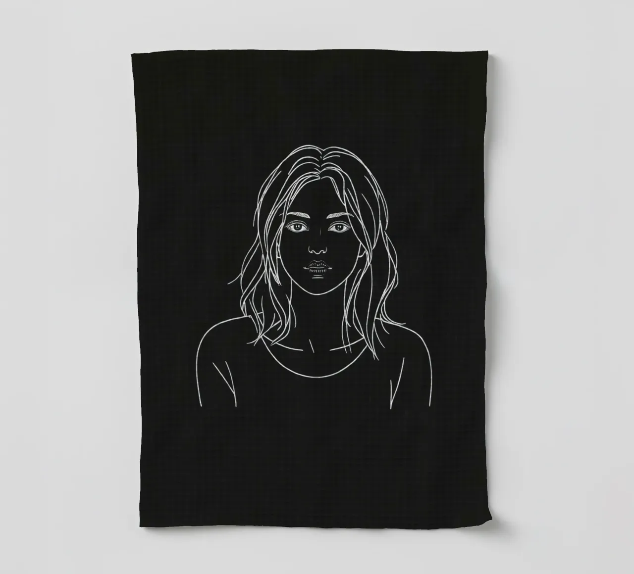 Portrait au trait d'une femme, fond noir torchon de DesignDoodle