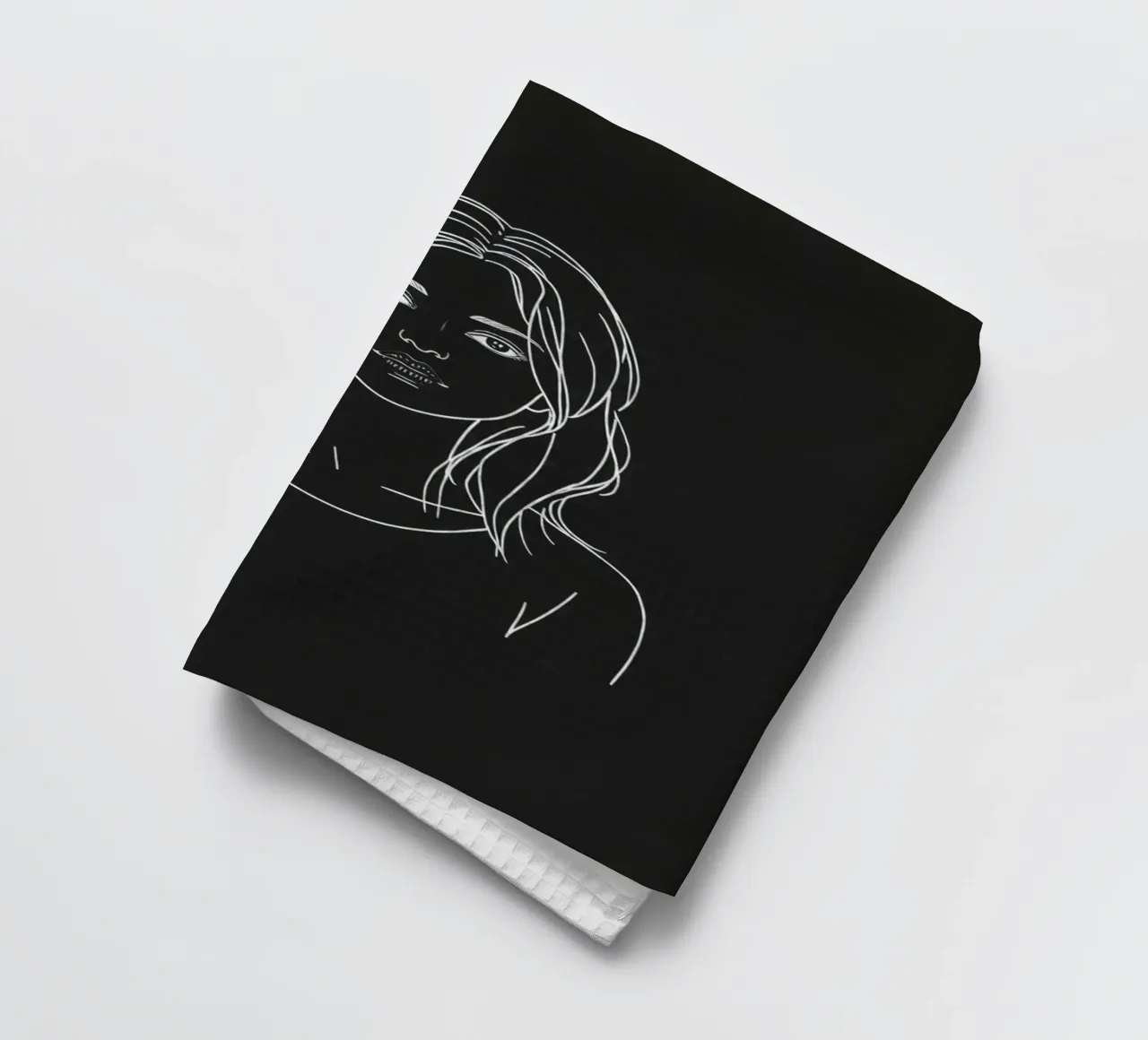 Portrait au trait d'une femme, fond noir torchon de DesignDoodle