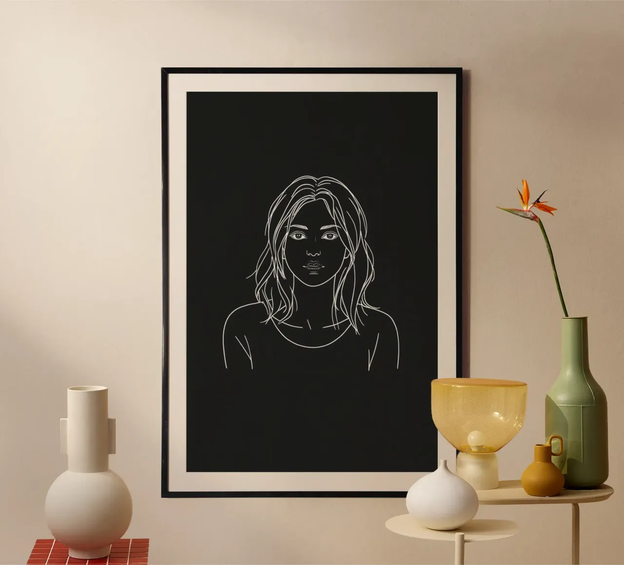 Portrait au trait d'une femme, fond noir poster de DesignDoodle