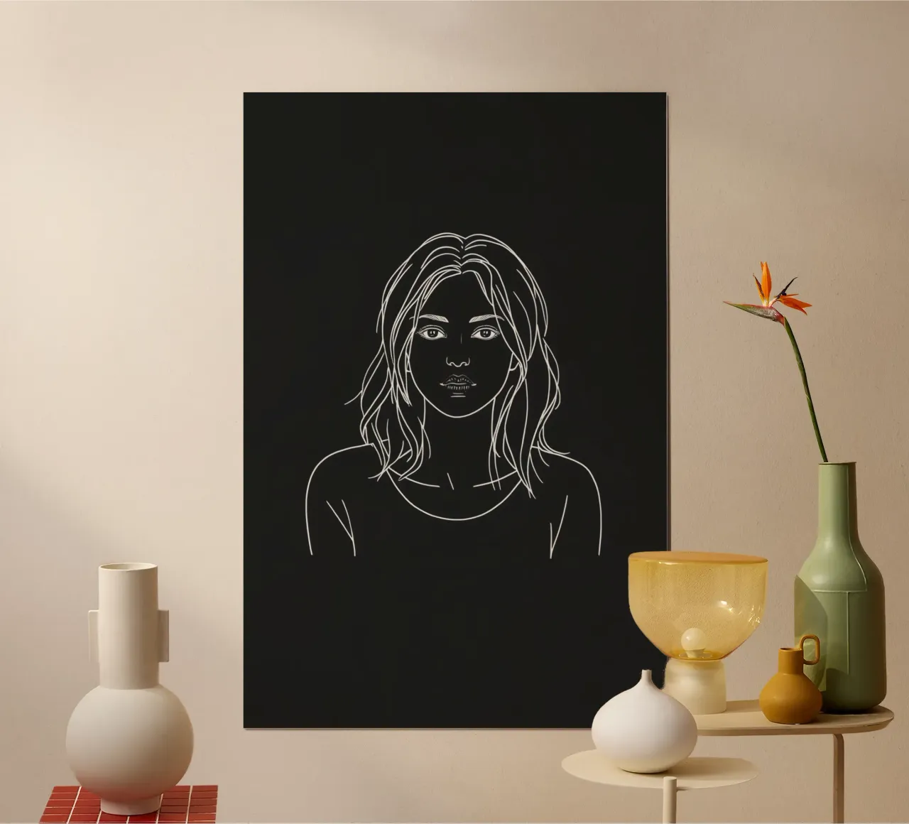 Portrait au trait d'une femme, fond noir poster de DesignDoodle