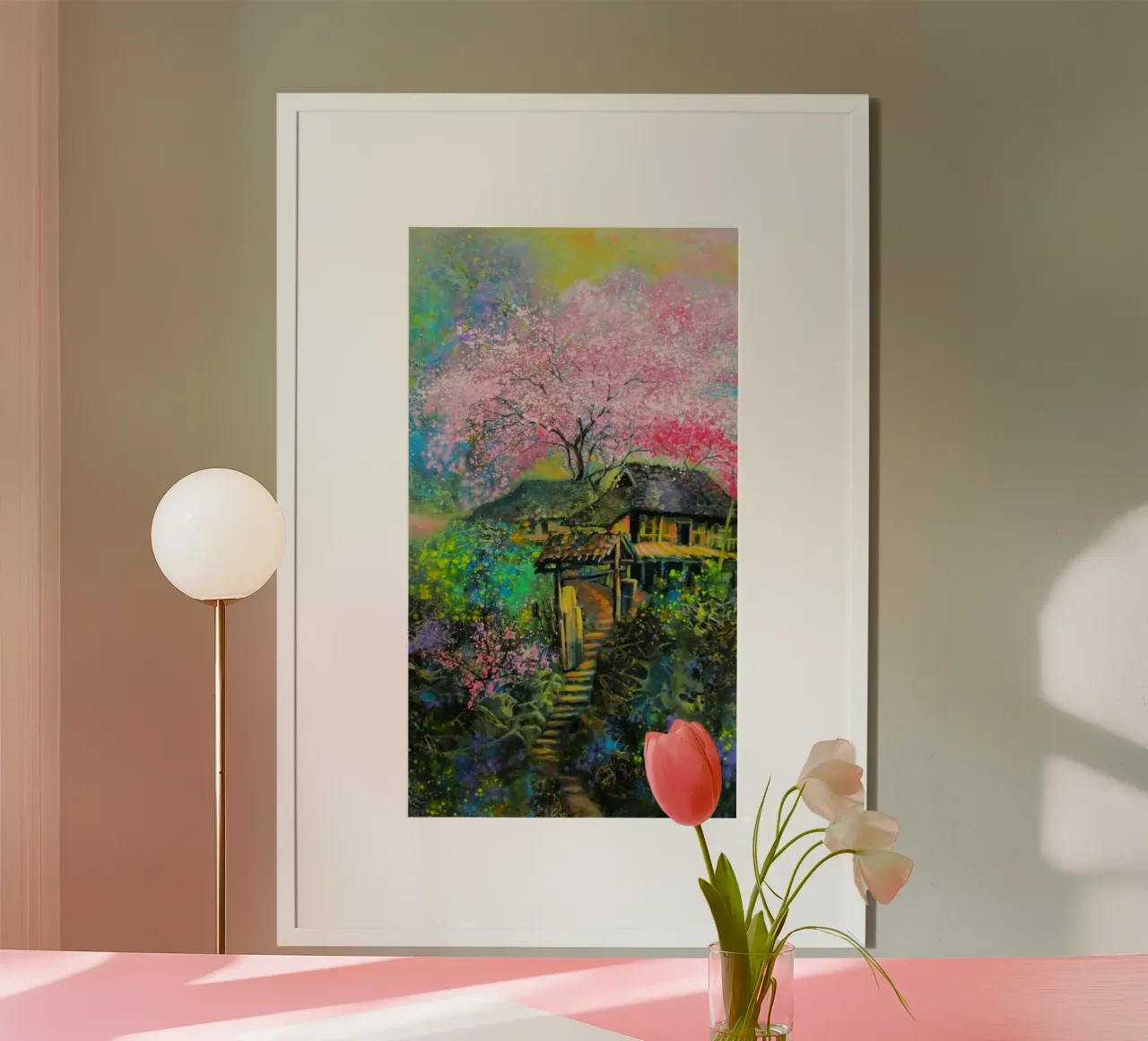 house in mountain with blossom poster con telaio in plastica da huminity
