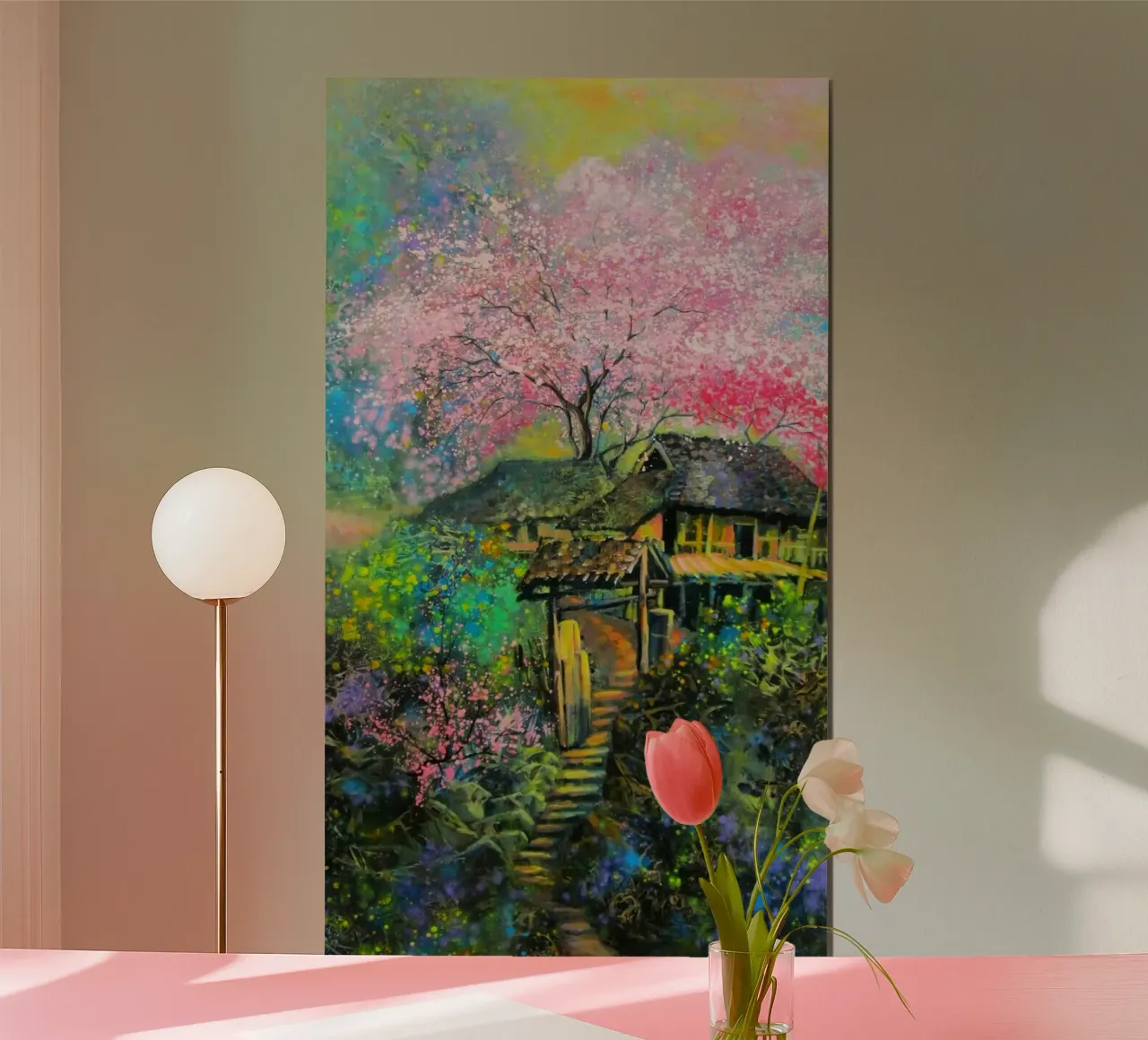 house in mountain with blossom poster con telaio in plastica da huminity