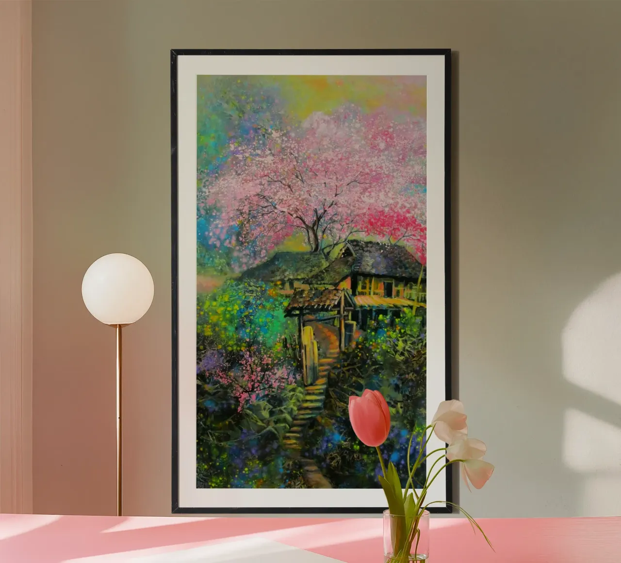 house in mountain with blossom poster con telaio in plastica da huminity
