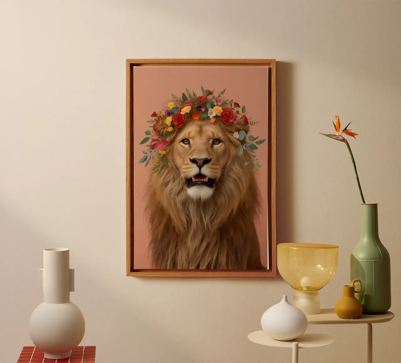 Ritratto di leone con corona floreale tela con Cornice a cassetta da DesignDoodle