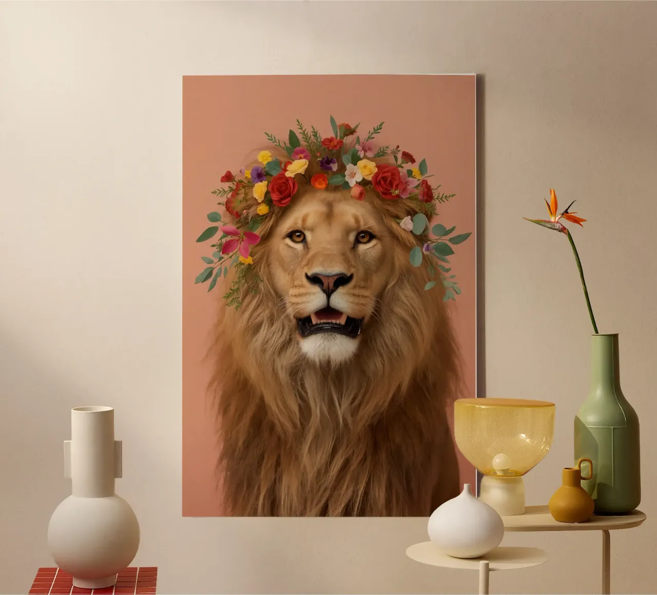 Ritratto di leone con corona floreale tela con Cornice a cassetta da DesignDoodle