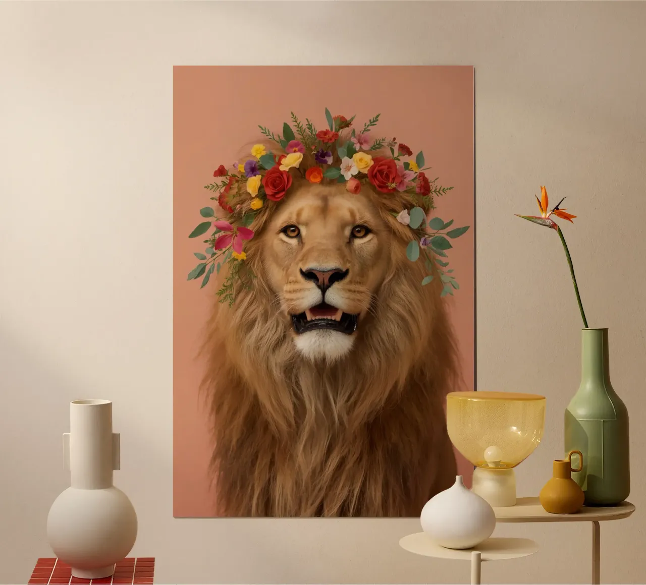 Ritratto di leone con corona floreale poster da DesignDoodle