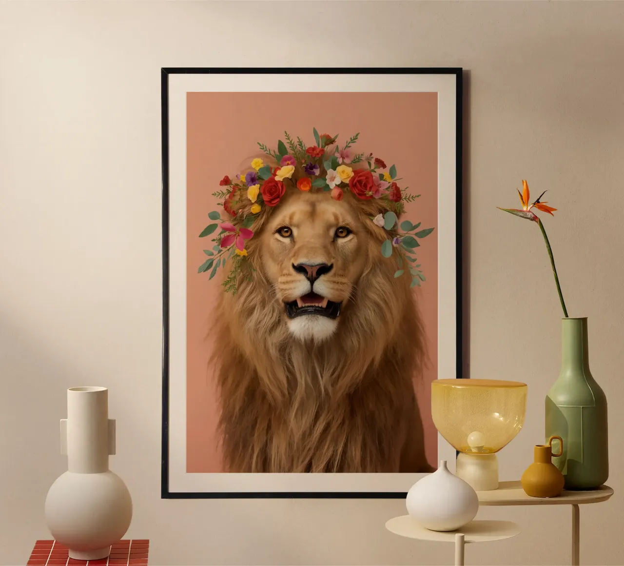 Ritratto di leone con corona floreale poster da DesignDoodle