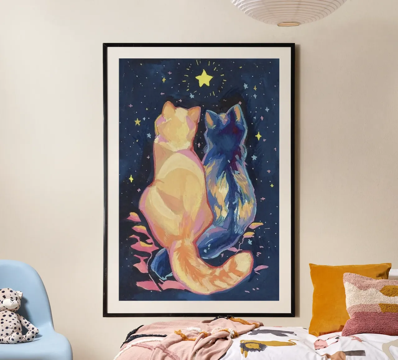 cat couple in stars poster con telaio in alluminio da sunity