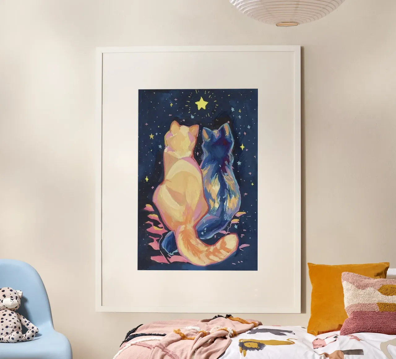 cat couple in stars poster con telaio in alluminio da sunity