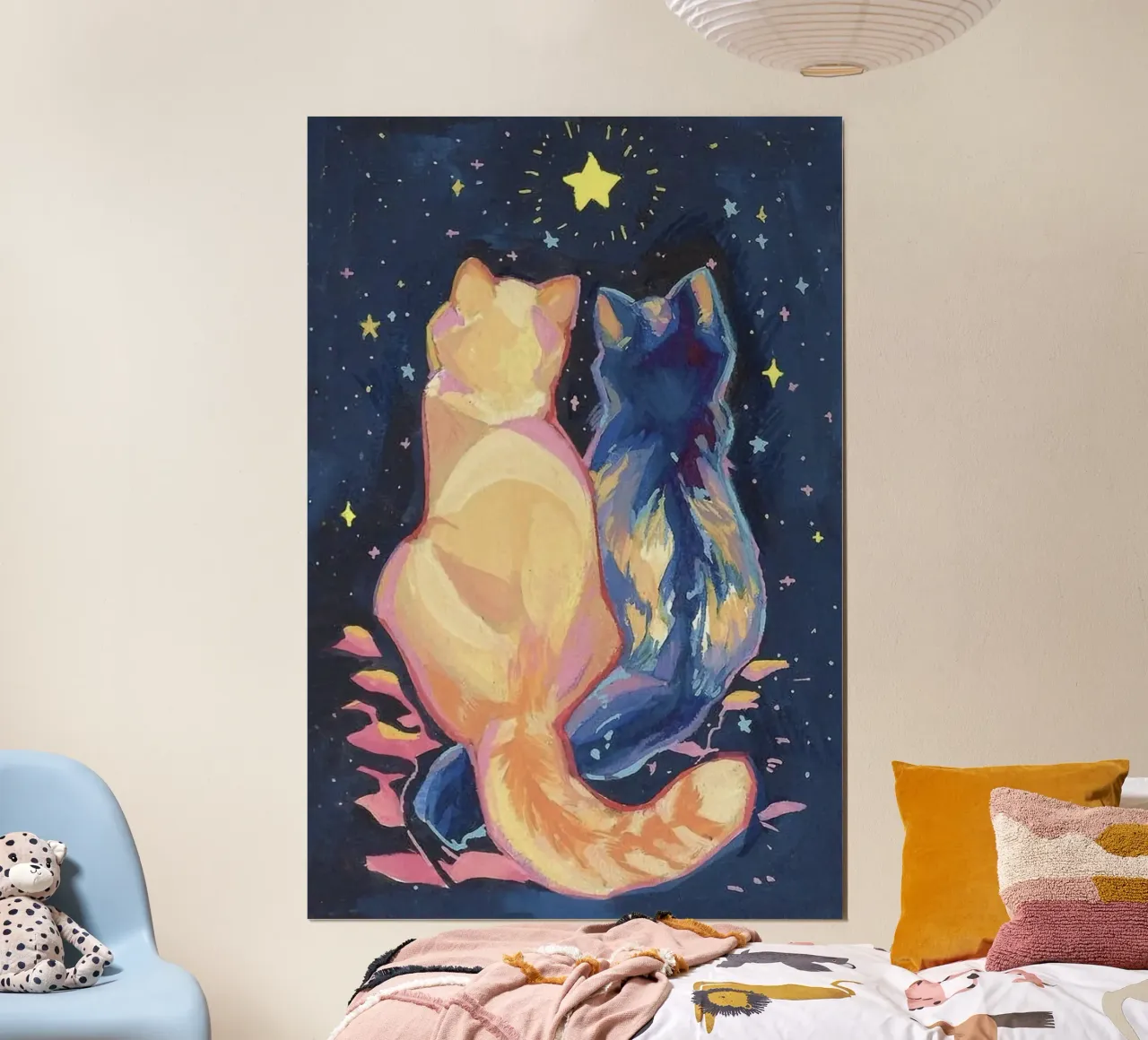 cat couple in stars poster con telaio in alluminio da sunity