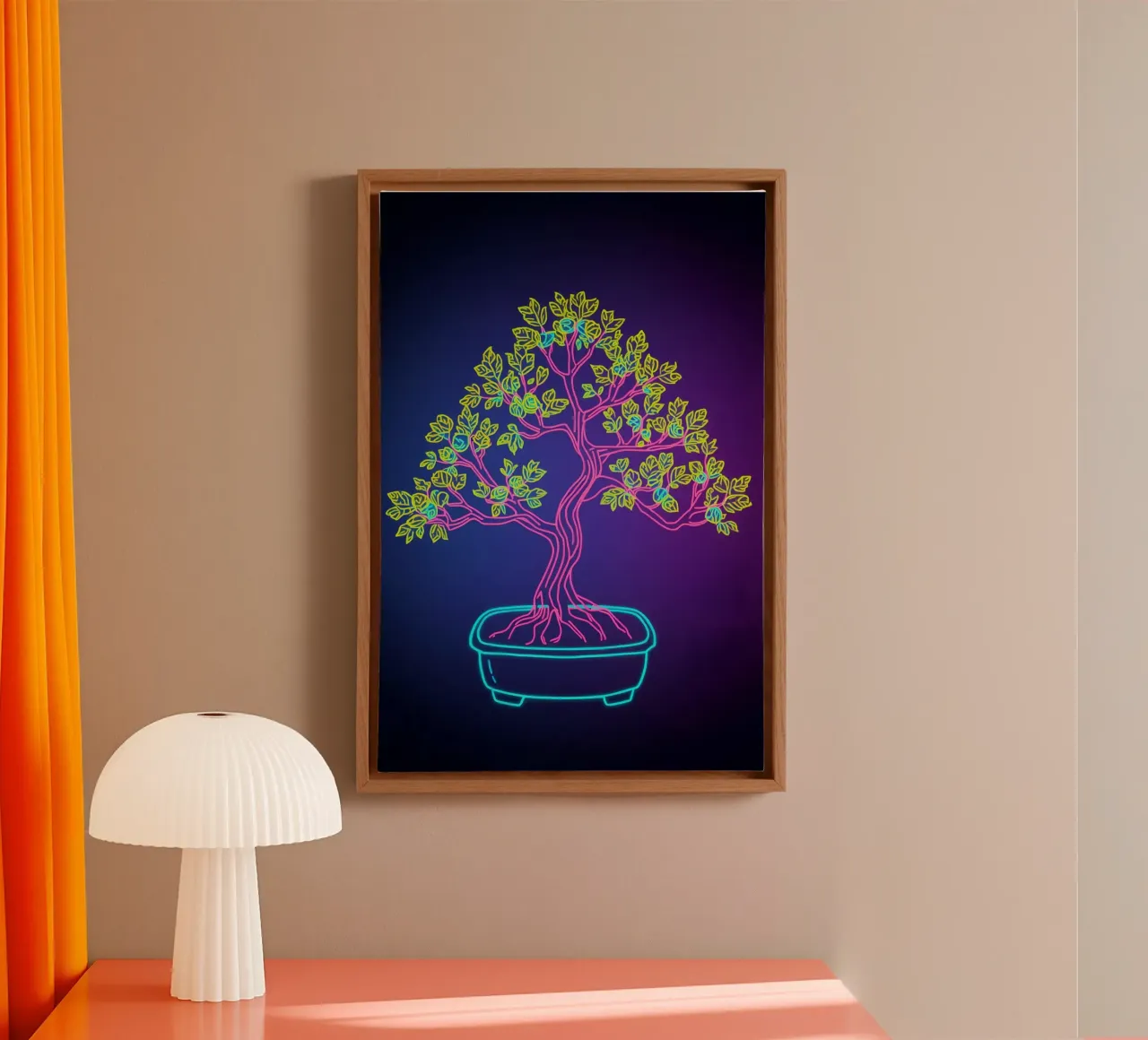 Neon Bonsai Tree in Pot Outline canvas with Floater frame by DesignDoodle