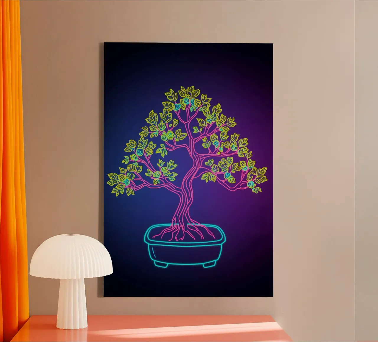 Neon Bonsai Tree in Pot Outline canvas with Floater frame by DesignDoodle
