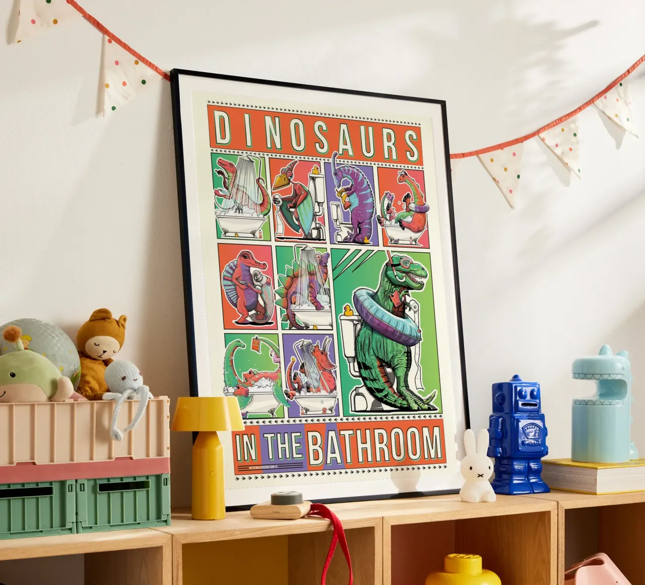 Dinosauri in bagno ll poster con telaio in alluminio da David Jackson
