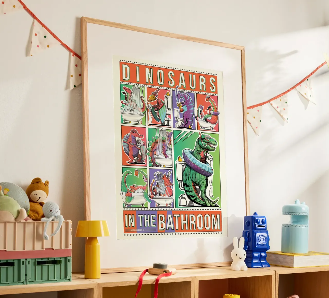 Dinosauri in bagno ll poster con telaio in alluminio da David Jackson