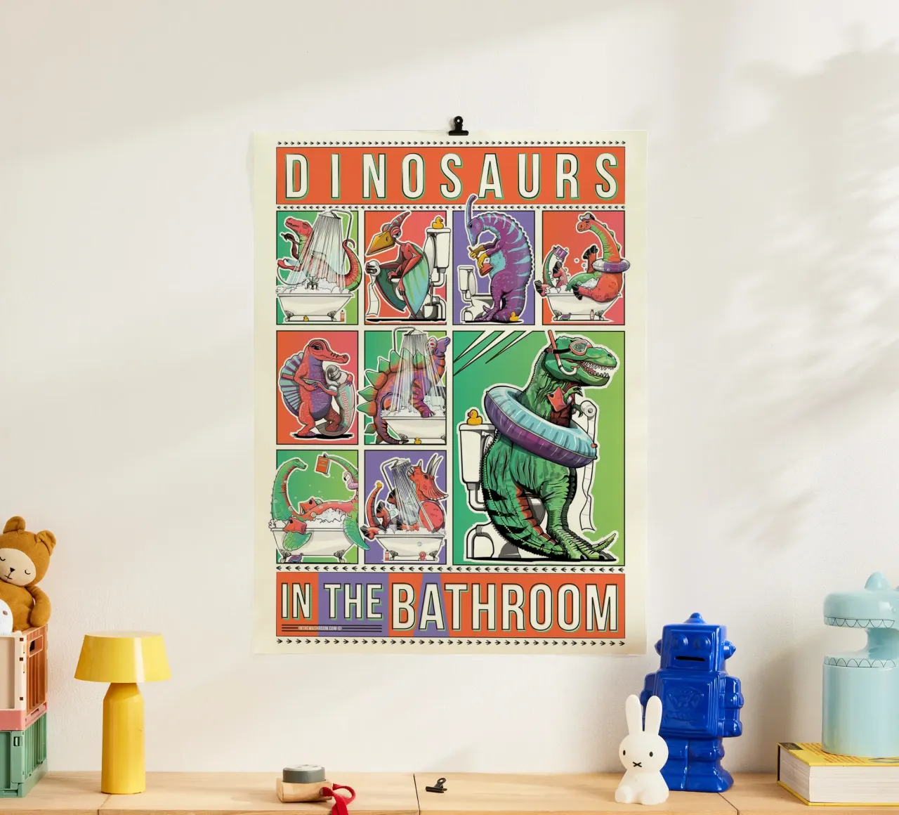 Dinosauri in bagno ll poster con telaio in alluminio da David Jackson