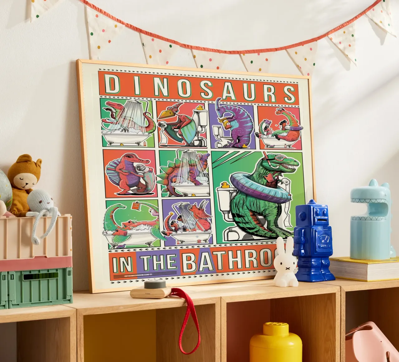 Dinosauri in bagno ll poster con telaio in alluminio da David Jackson