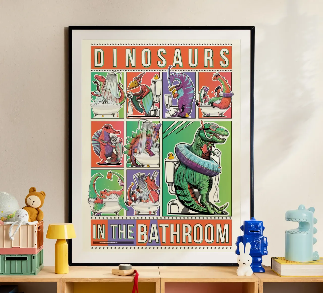 Dinosauri in bagno ll poster con telaio in alluminio da David Jackson
