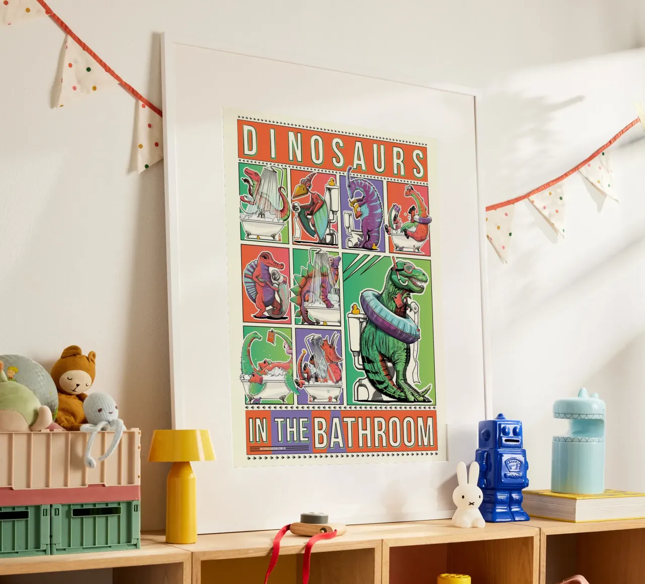 Dinosauri in bagno ll poster con telaio in alluminio da David Jackson