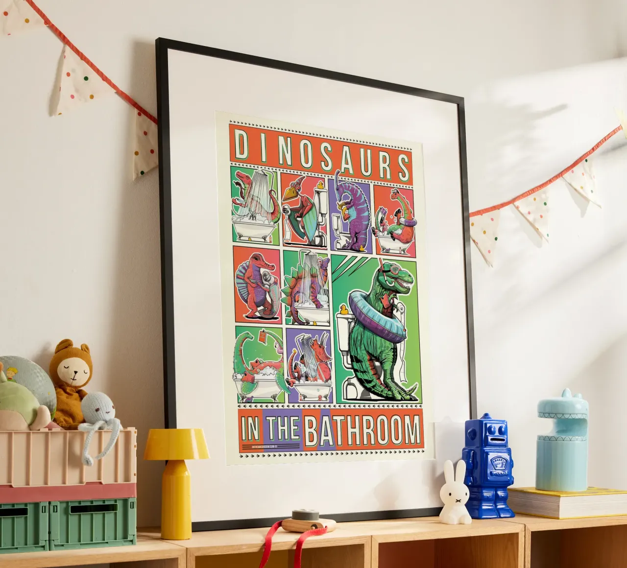 Dinosauri in bagno ll poster con telaio in alluminio da David Jackson